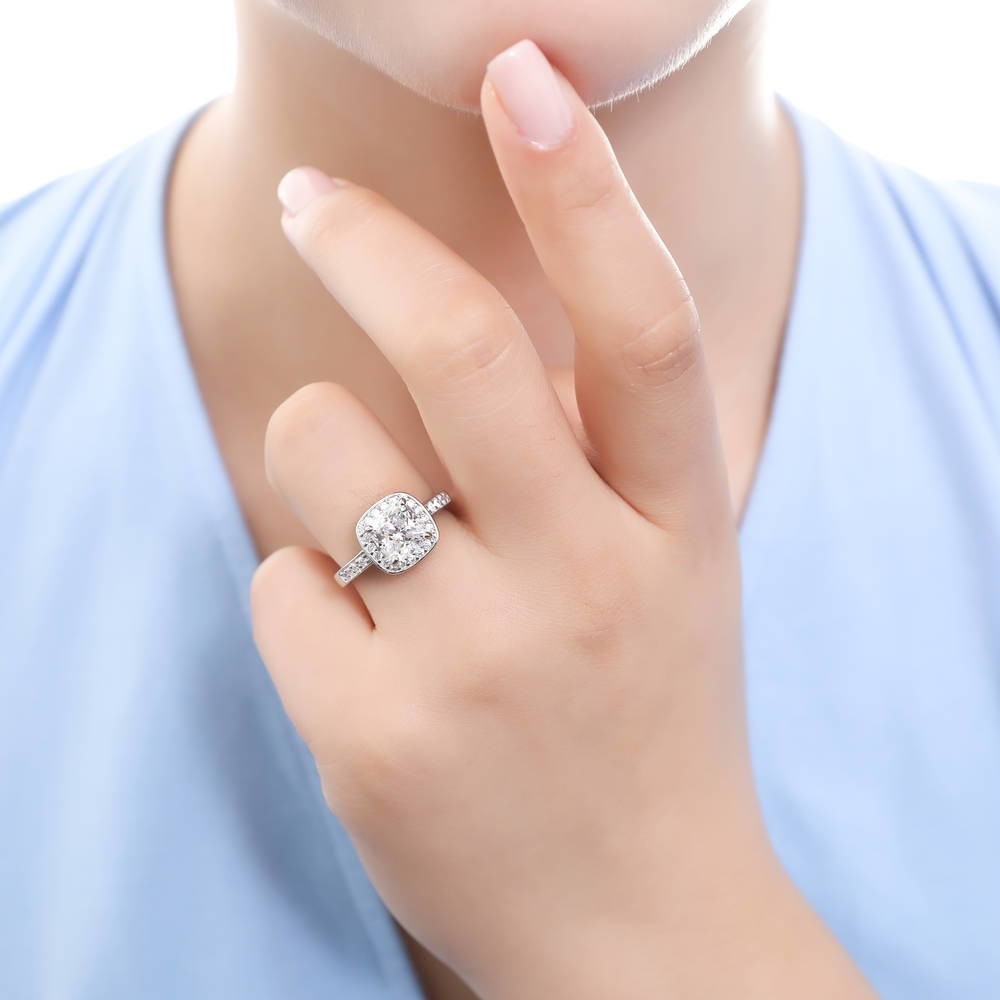 Model wearing Halo Cushion CZ Ring in Sterling Silver