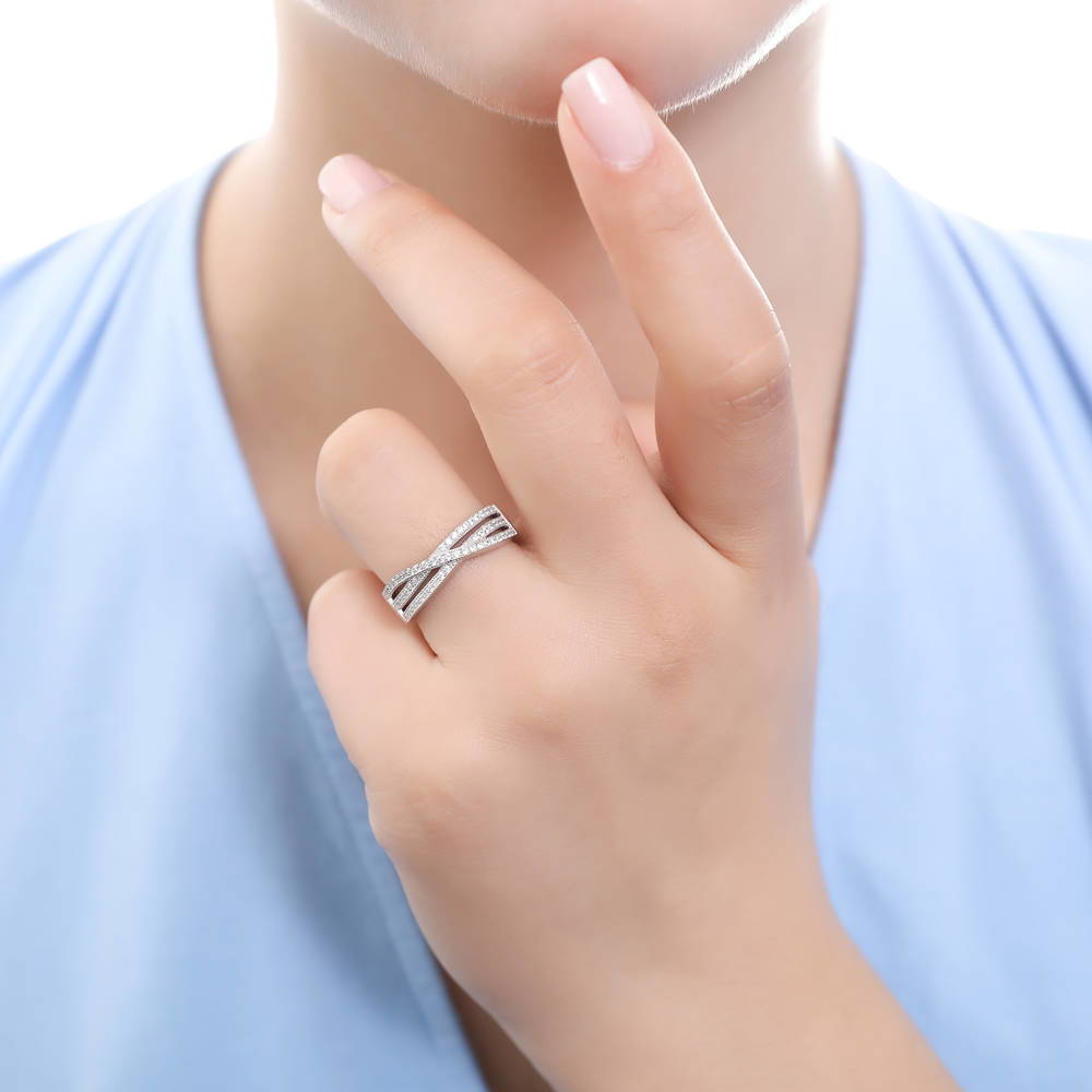 Model wearing Woven CZ Ring in Sterling Silver