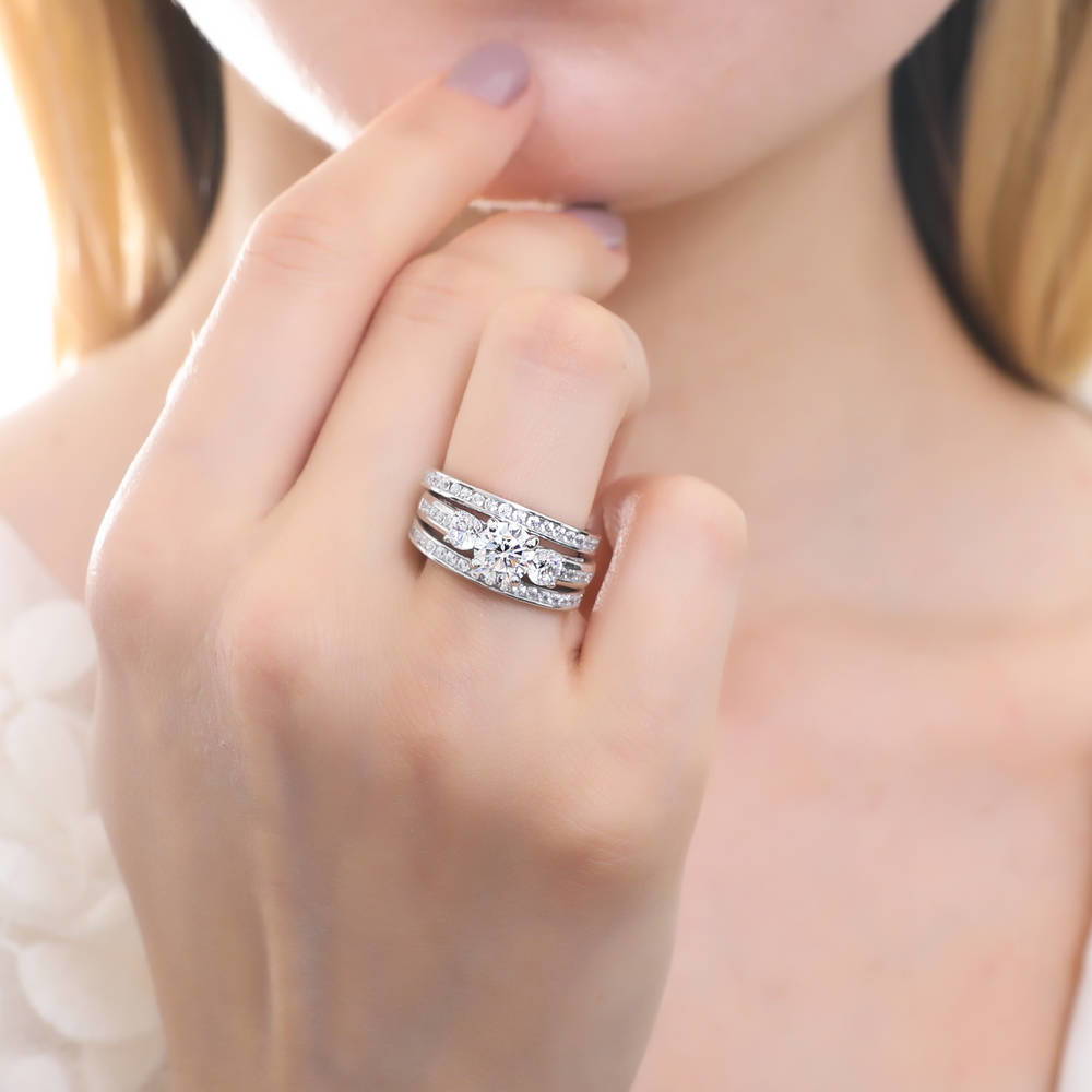 Model wearing 3-Stone Round CZ Ring Set in Sterling Silver, 2 of 13