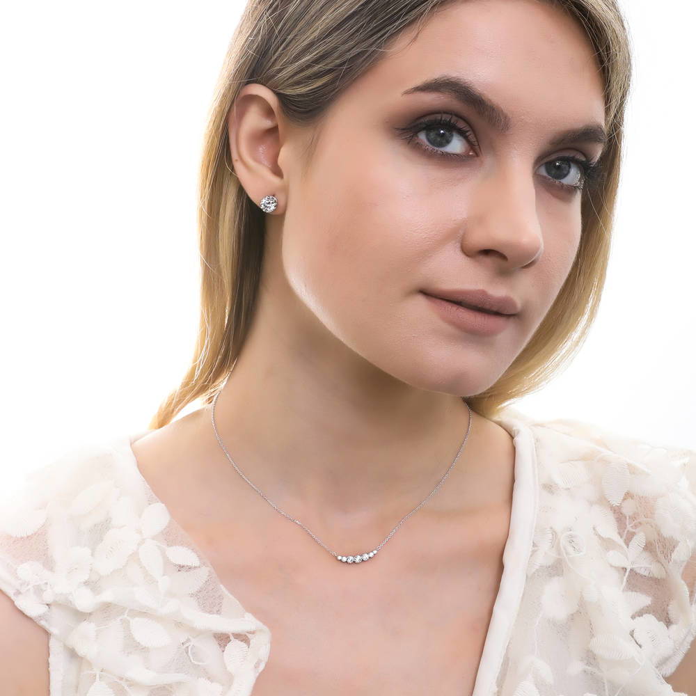 Model wearing Bar Bubble Bezel Set CZ Pendant Necklace in Sterling Silver, 2 Piece