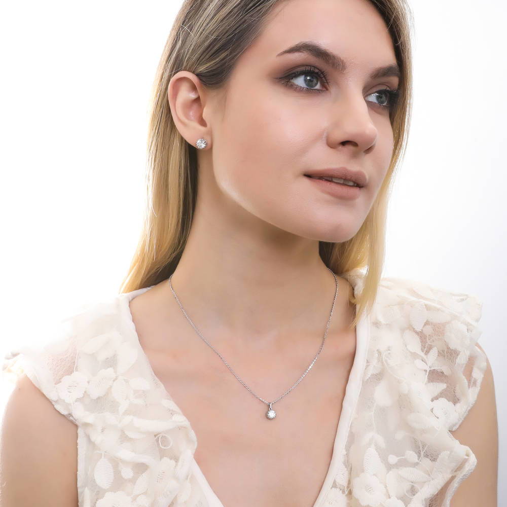 Model wearing Bar Bubble CZ Necklace and Earrings Set in Sterling Silver