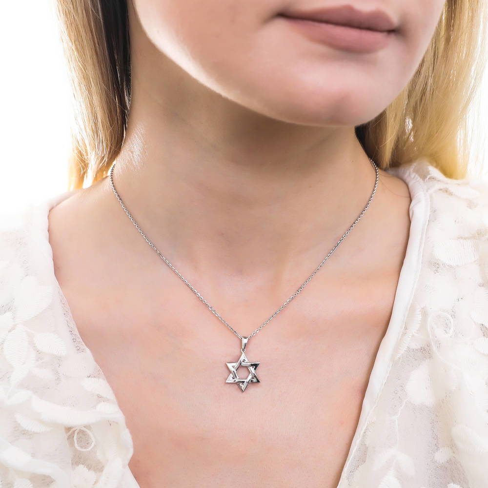 Model wearing Star of David Pendant Necklace in Sterling Silver