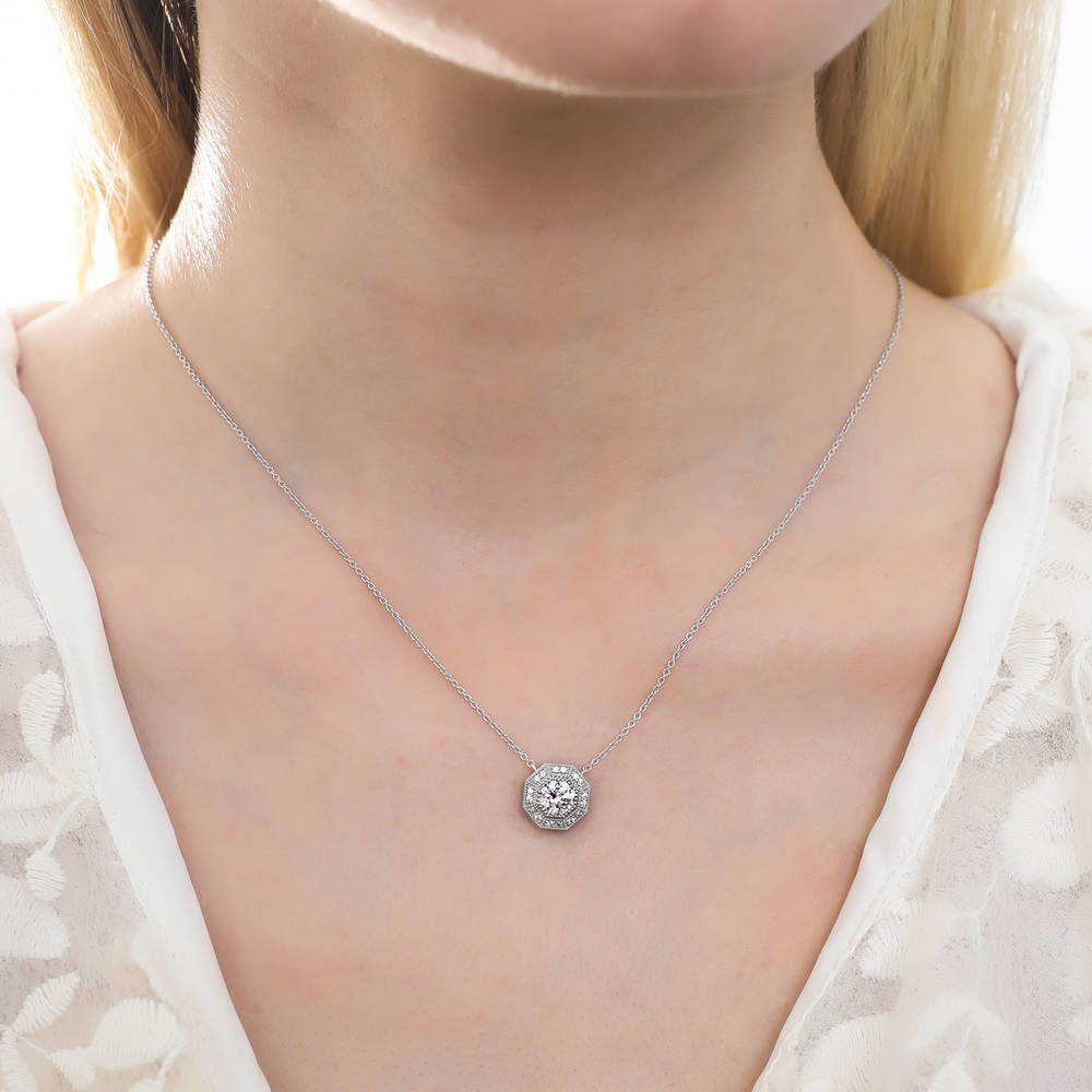 Model wearing Halo Milgrain Octagon Sun CZ Pendant Necklace in Sterling Silver