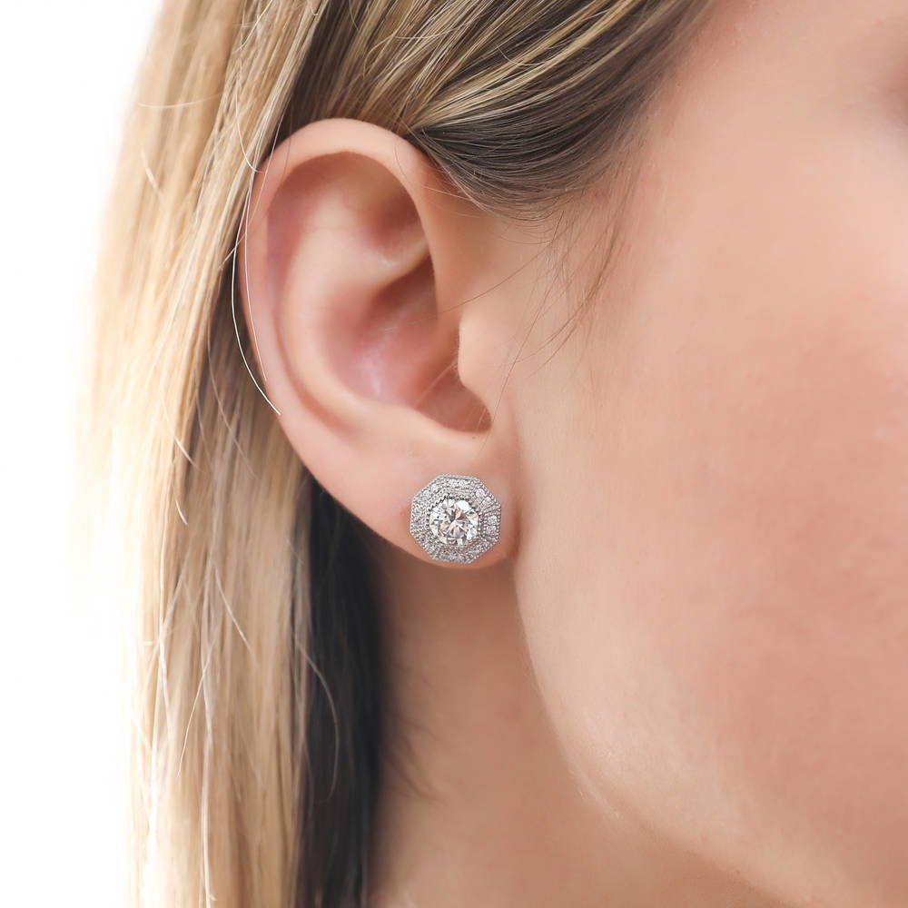 Halo Milgrain Octagon Sun CZ Stud Earrings in Sterling Silver