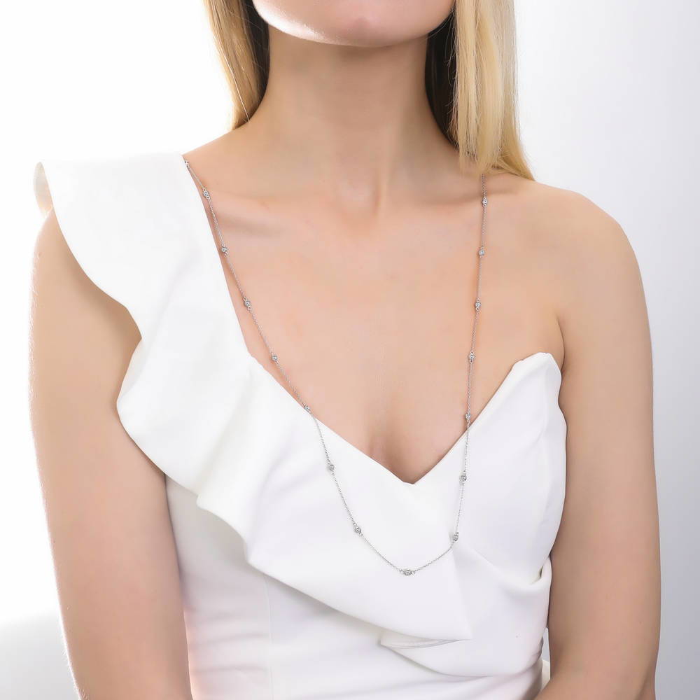 Model wearing CZ by the Yard Station Necklace in Sterling Silver