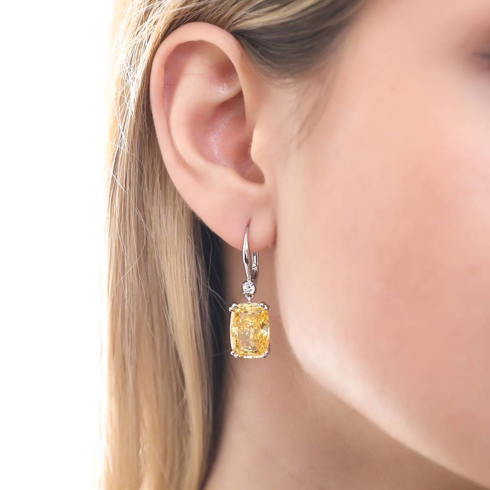 Solitaire Canary Yellow CZ Leverback Earrings in Sterling Silver