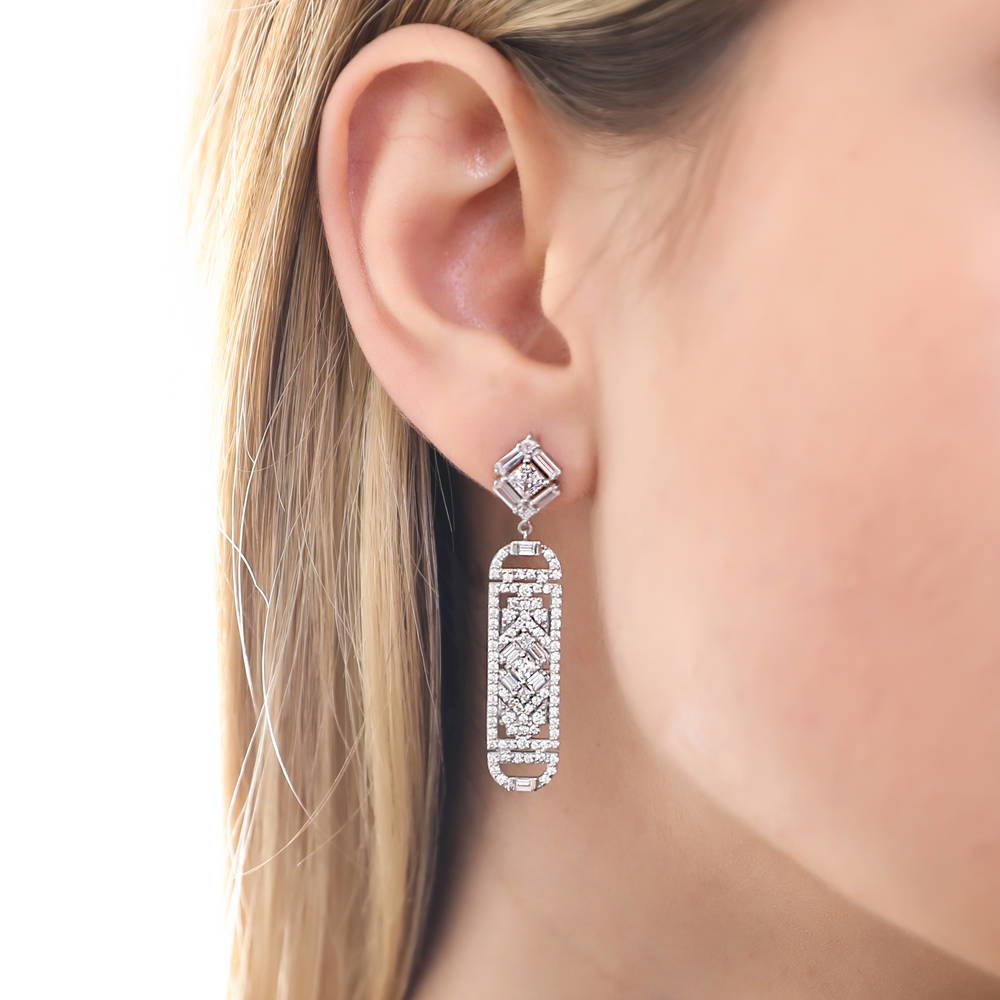 Model wearing Bar Art Deco CZ Dangle Earrings in Sterling Silver