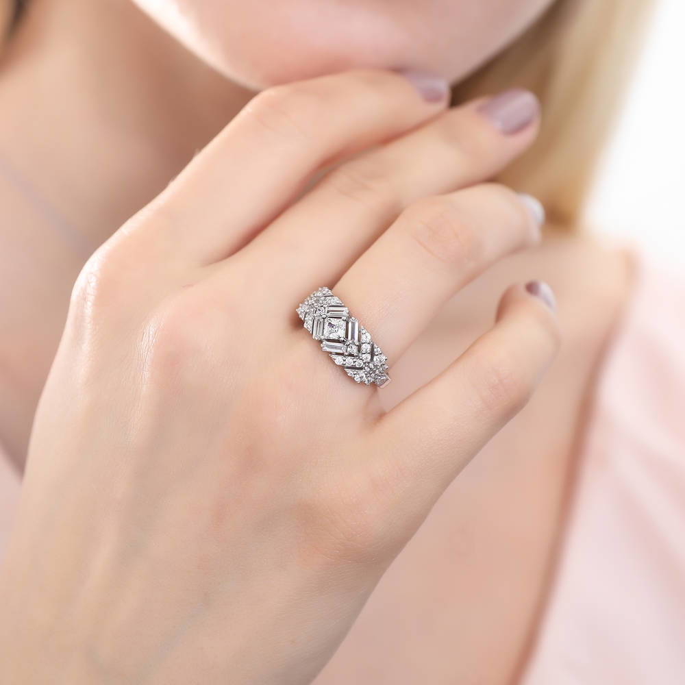 Model wearing Bar Art Deco CZ Ring in Sterling Silver