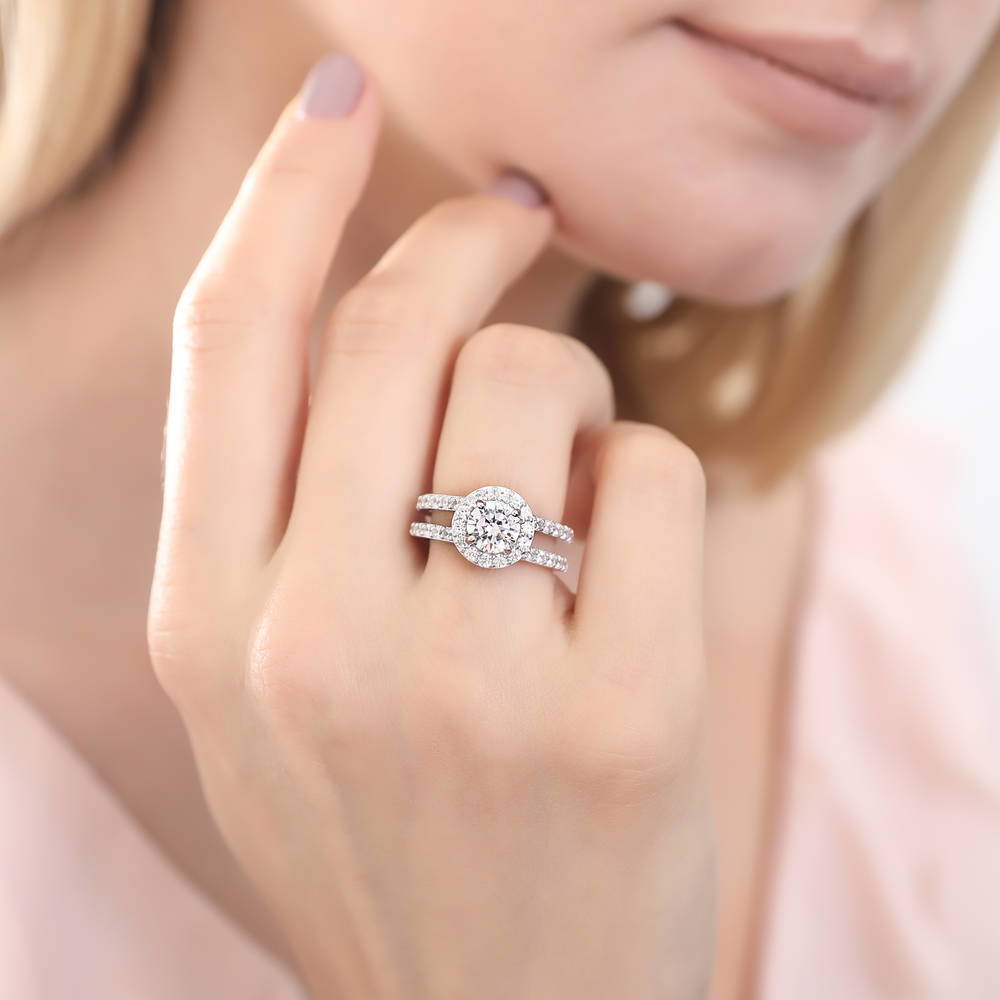 Model wearing Halo Round CZ Insert Ring Set in Sterling Silver