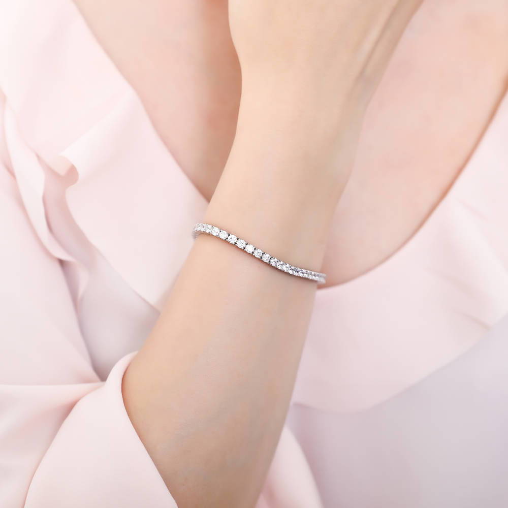 Model wearing CZ Tennis Bracelet, Rhodium Plated / 6.5 inch