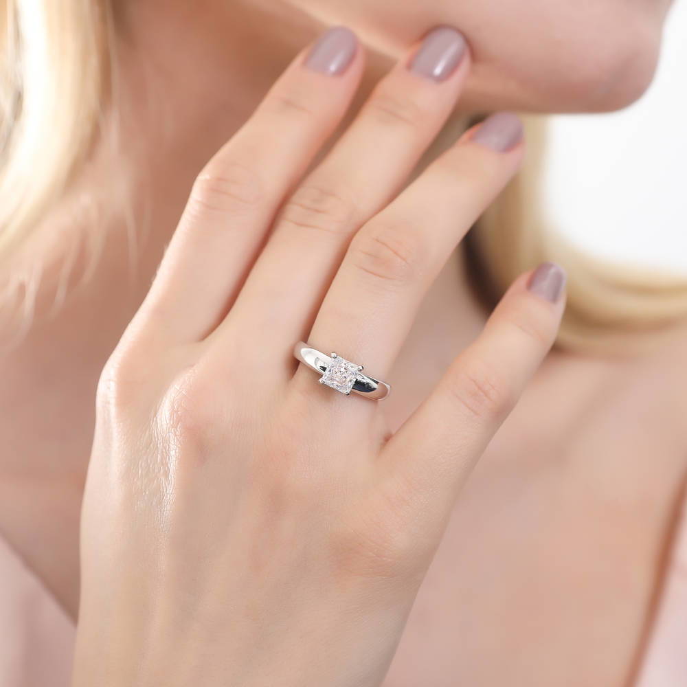 Model wearing Solitaire 1.2ct Princess CZ Ring Set in Sterling Silver, 5 of 10