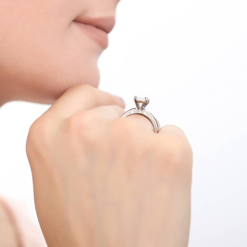 Model wearing Solitaire 1.2ct Princess CZ Ring Set in Sterling Silver, 8 of 11