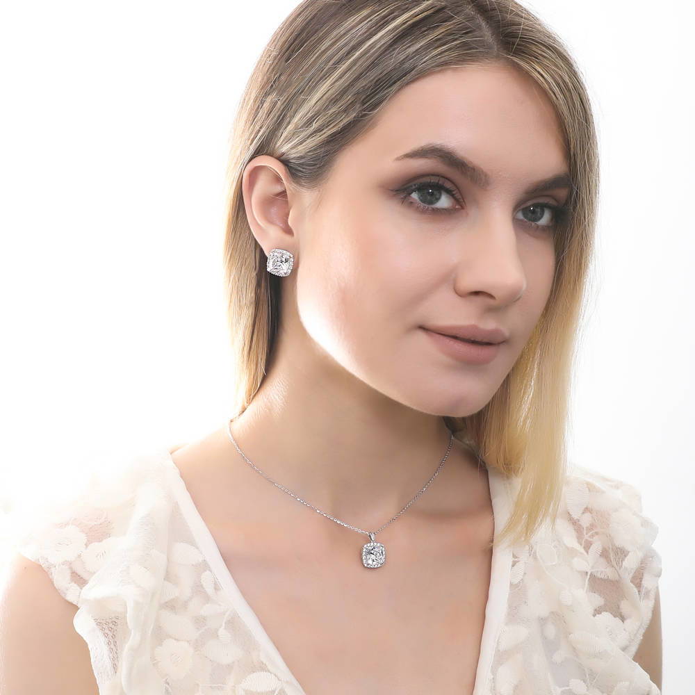 Model wearing Halo Cushion CZ Pendant Necklace in Sterling Silver