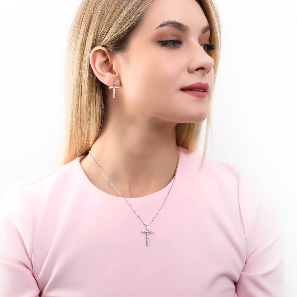Model wearing Cross CZ Pendant Necklace in Sterling Silver