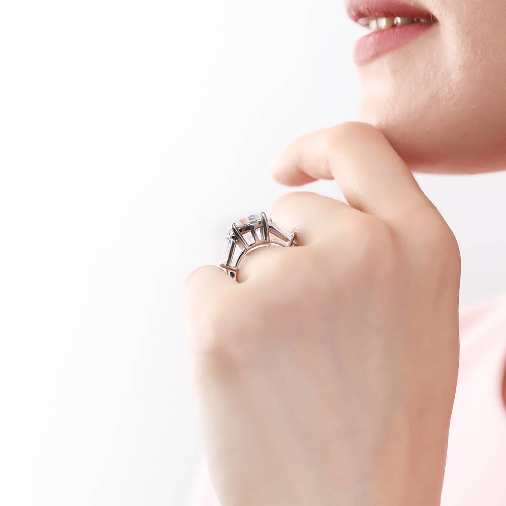 Model wearing 3-Stone Round CZ Statement Ring in Sterling Silver