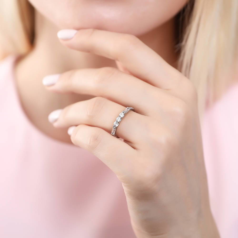 Model wearing Art Deco Pave Set CZ Half Eternity Ring in Sterling Silver