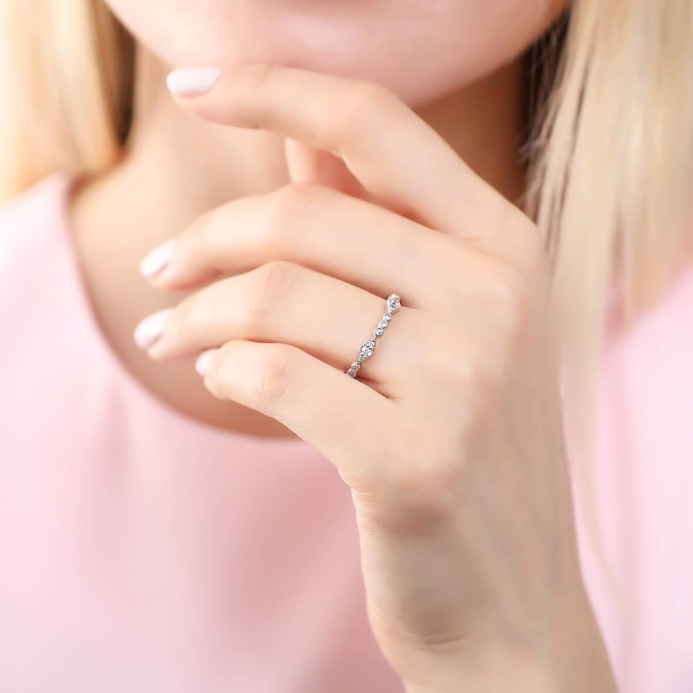 Model wearing Art Deco Pave Set CZ Eternity Ring in Sterling Silver