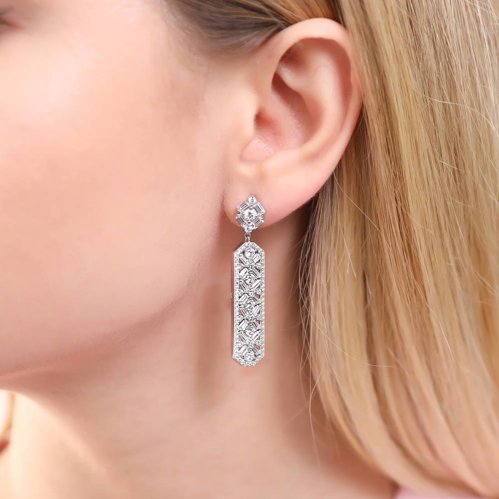 Model wearing Bar Art Deco CZ Statement Dangle Earrings in Sterling Silver