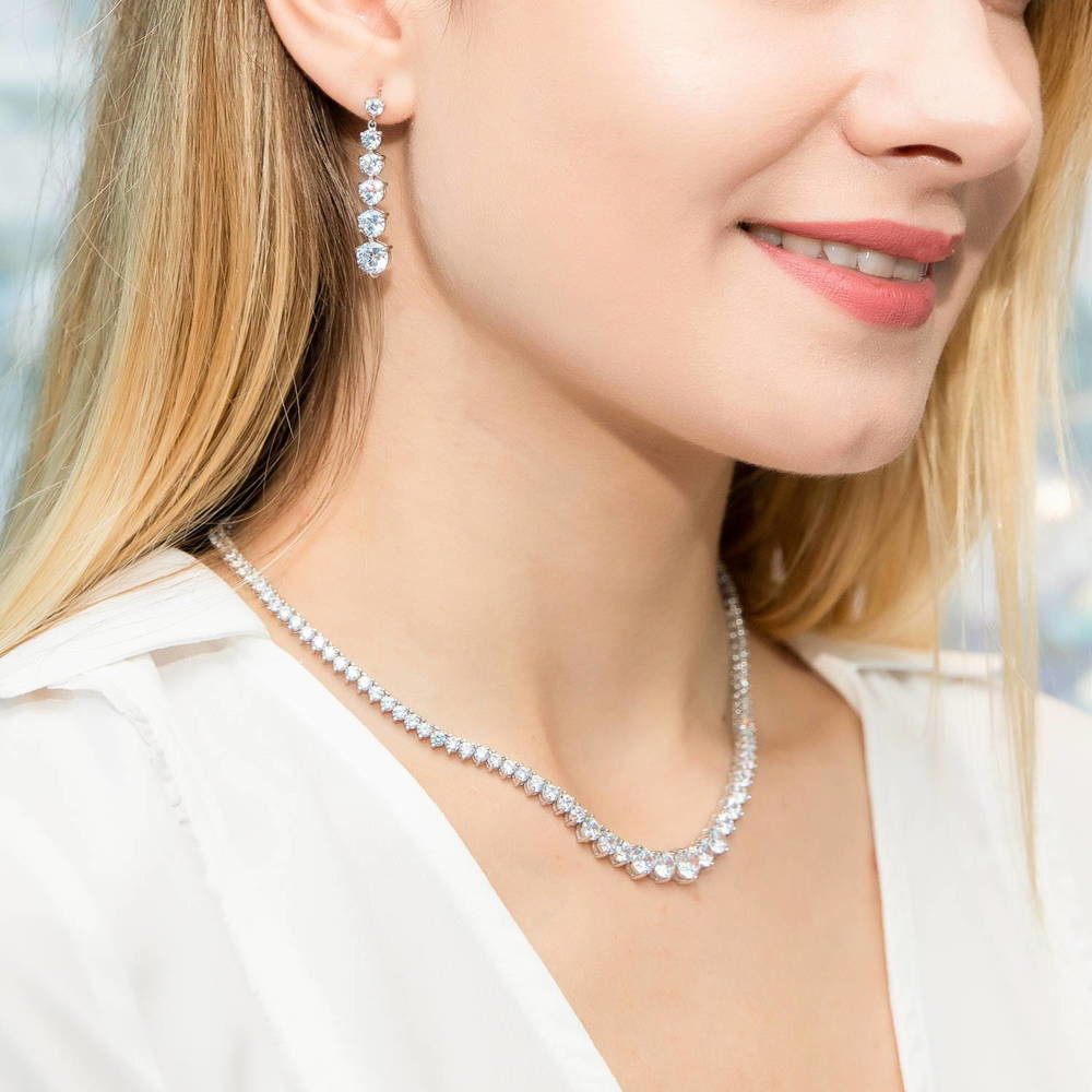 Model wearing Graduated CZ Statement Necklace and Earrings Set in Sterling Silver