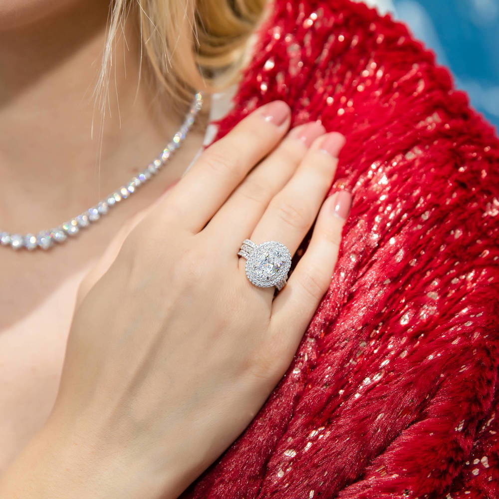Halo Oval CZ Ring Set in Sterling Silver