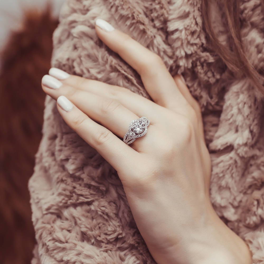 Model wearing 3-Stone Crown Round CZ Ring Set in Sterling Silver, 7 of 10