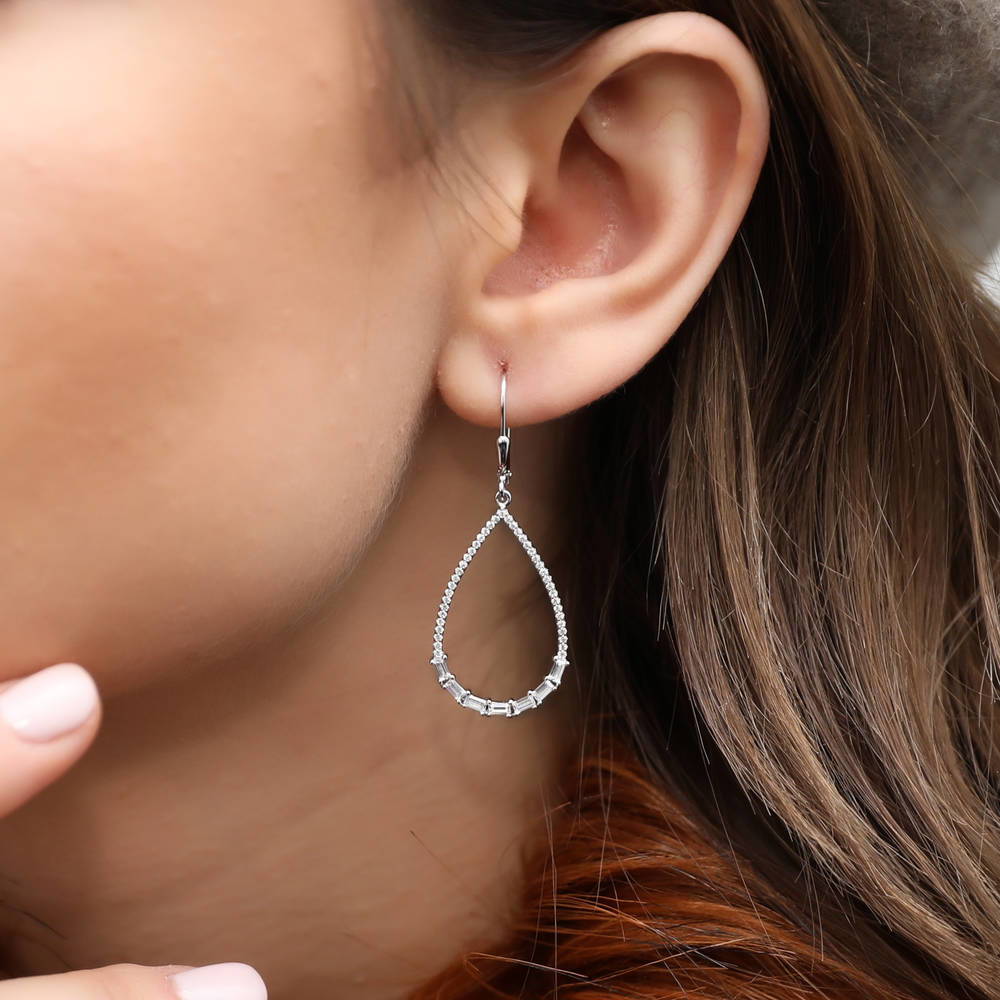 Teardrop CZ Leverback Dangle Earrings in Sterling Silver