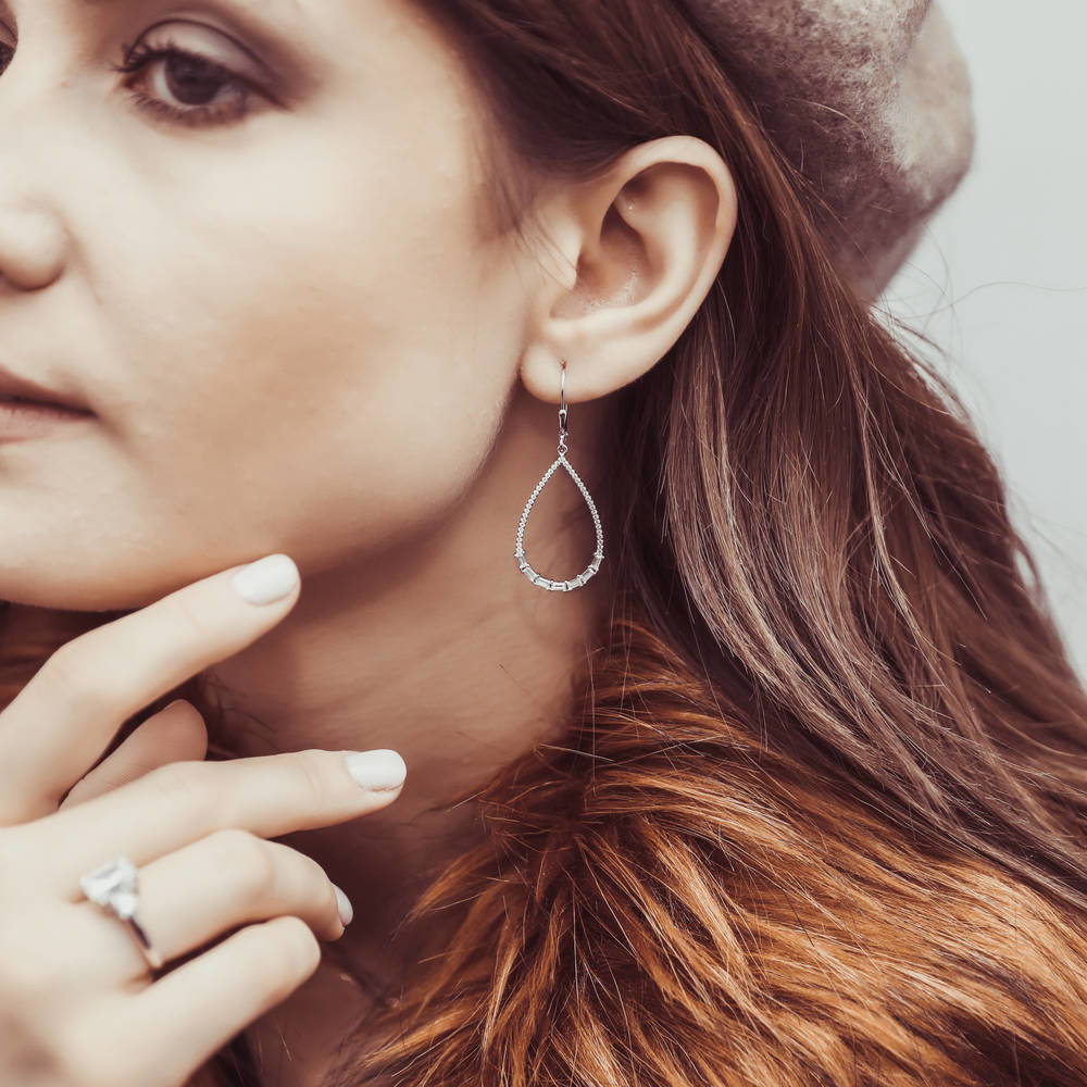 Teardrop CZ Leverback Dangle Earrings in Sterling Silver