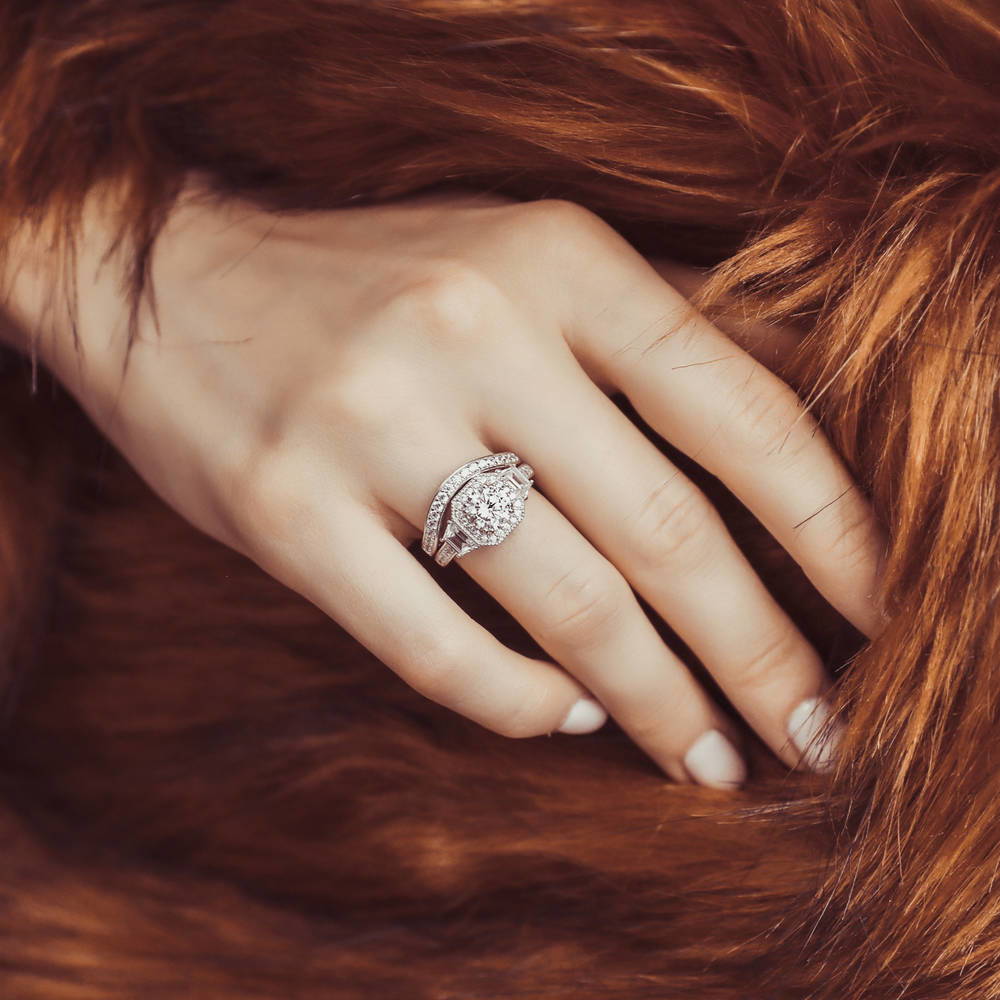 Model wearing Halo Art Deco Round CZ Ring Set in Sterling Silver