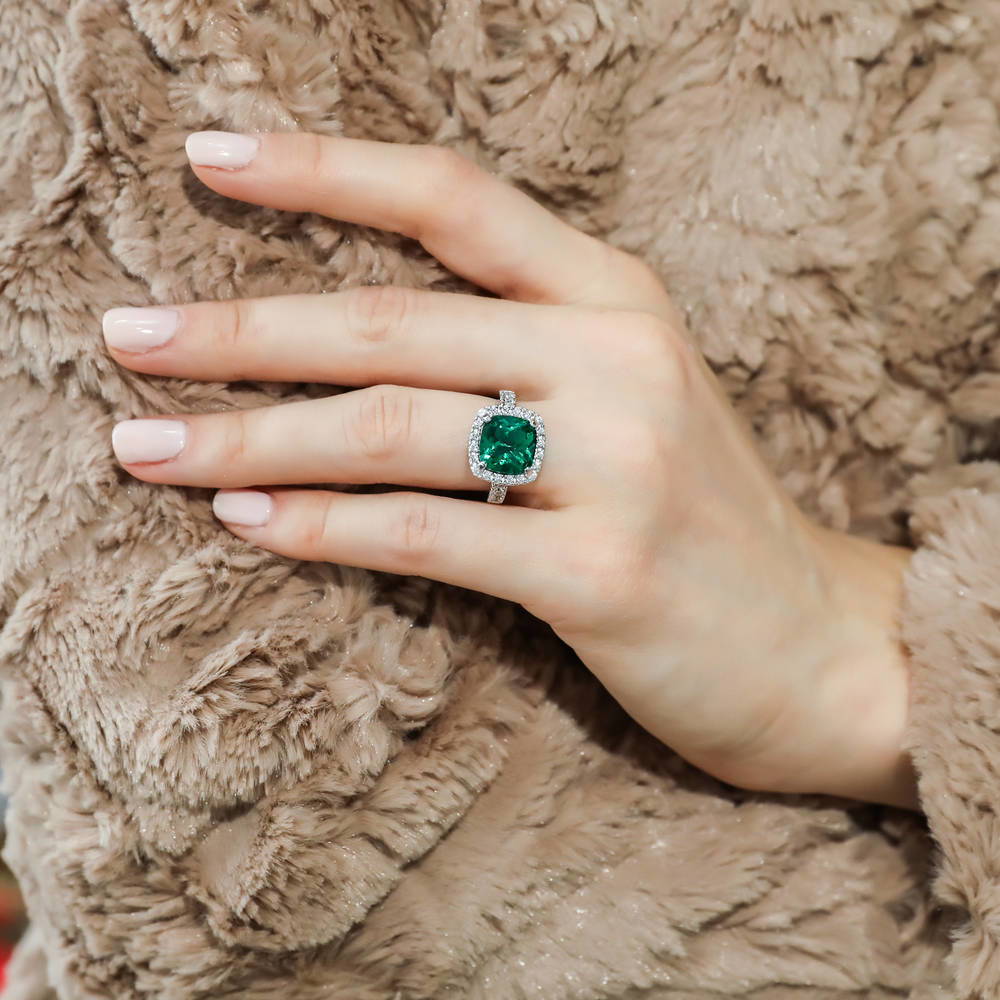 Model wearing Halo Green Cushion CZ Statement Ring in Sterling Silver