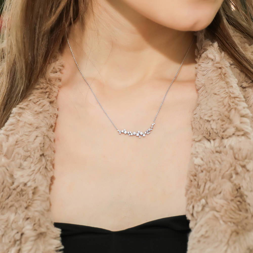 Model wearing Cluster Bar CZ Pendant Necklace in Sterling Silver
