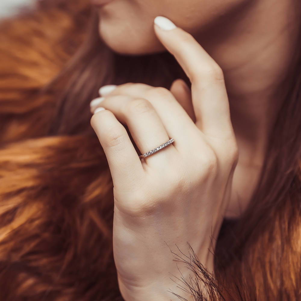 Model wearing Halo Oval CZ Ring Set in Sterling Silver, 12 of 15