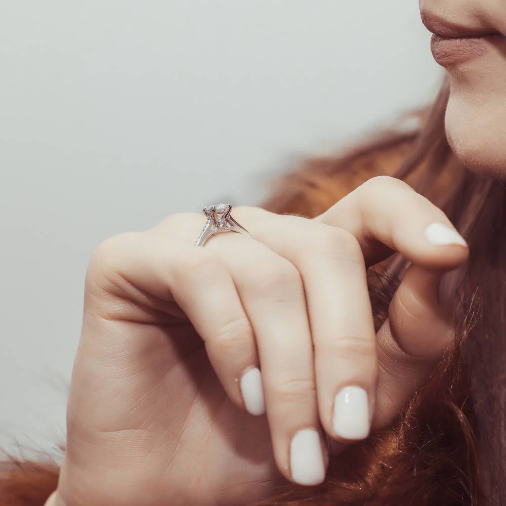 Model wearing Solitaire 1ct Round CZ Ring in Sterling Silver