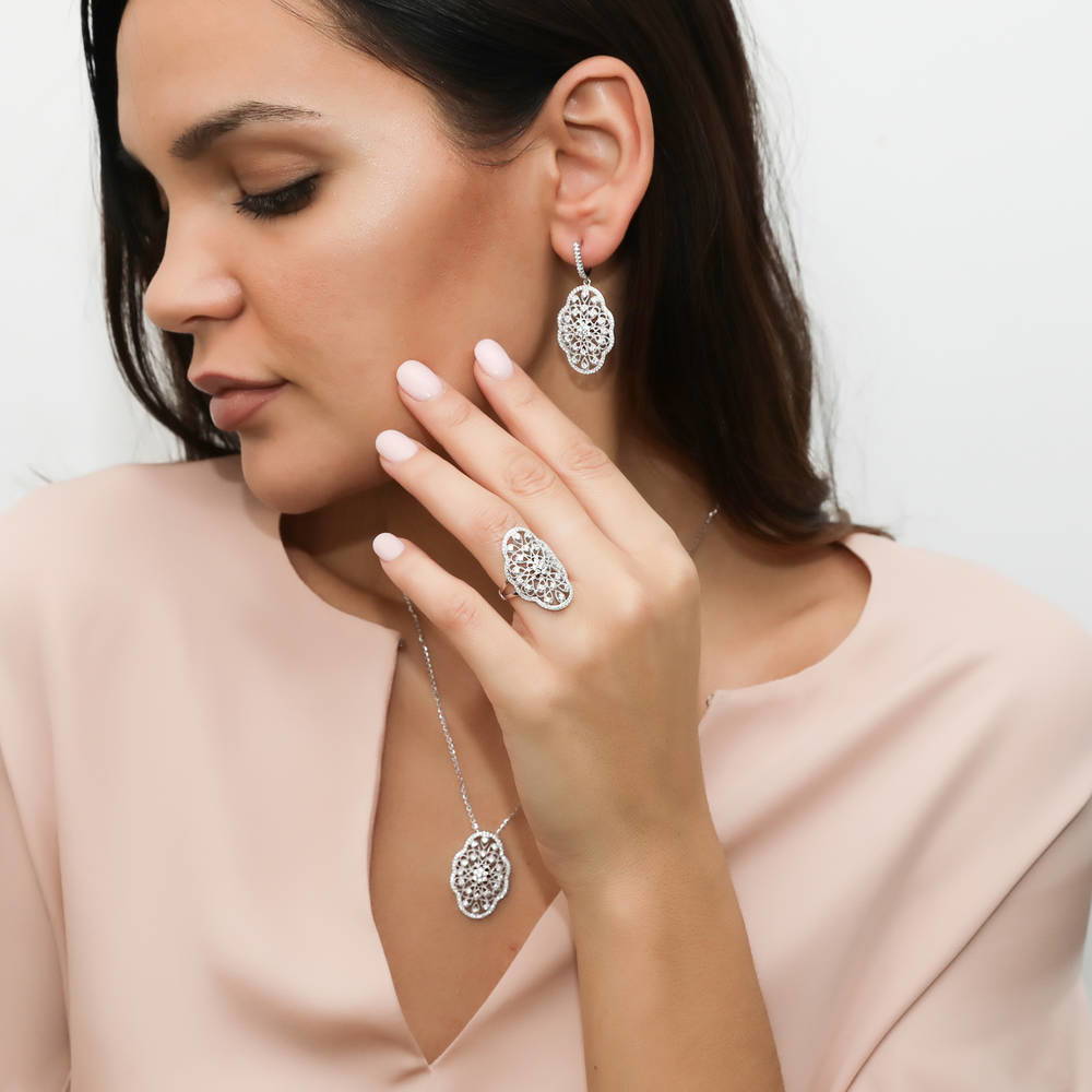 Flower Navette Art Deco Filigree CZ Ring in Sterling Silver