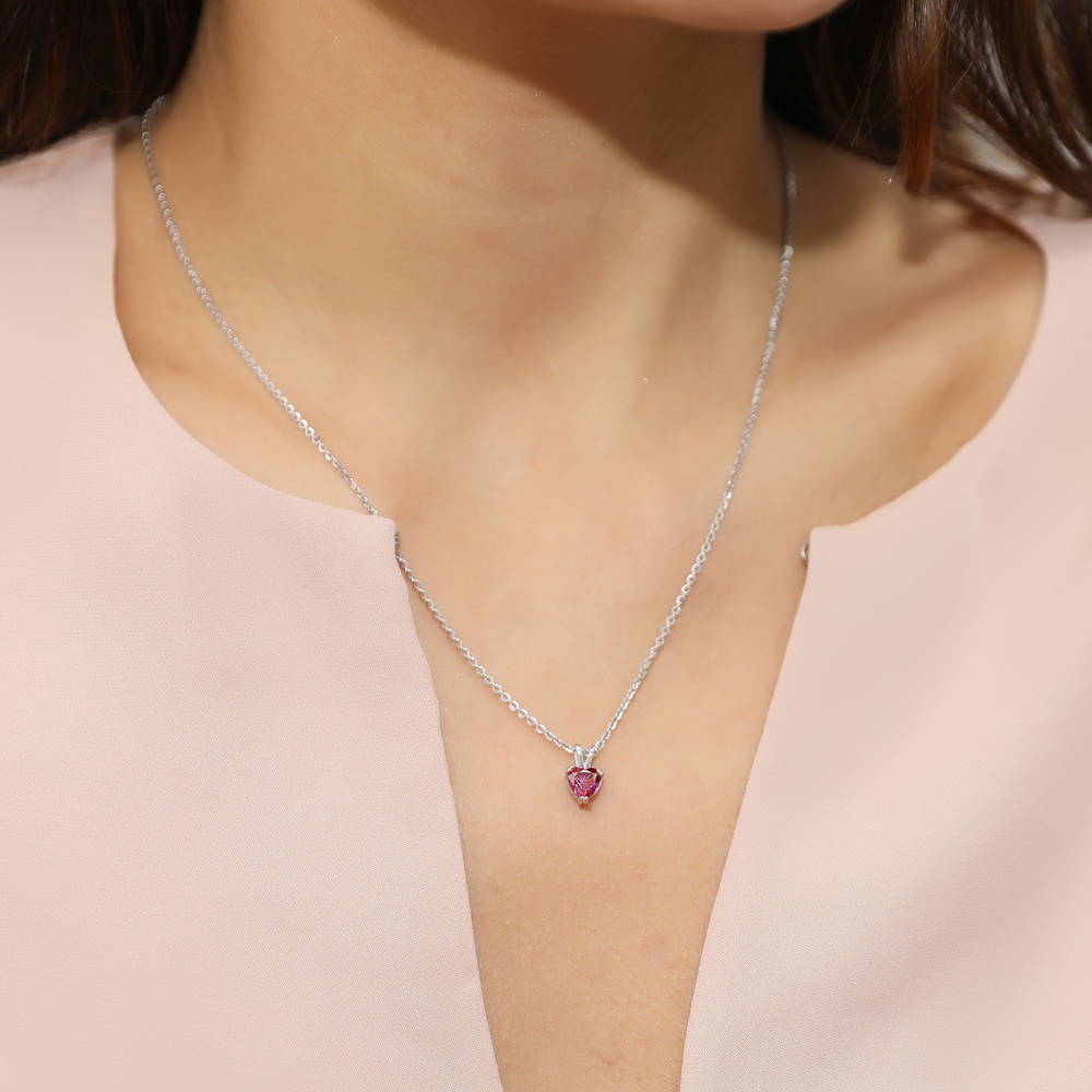 Solitaire Red Heart CZ Pendant Necklace in Sterling Silver 0.7ct