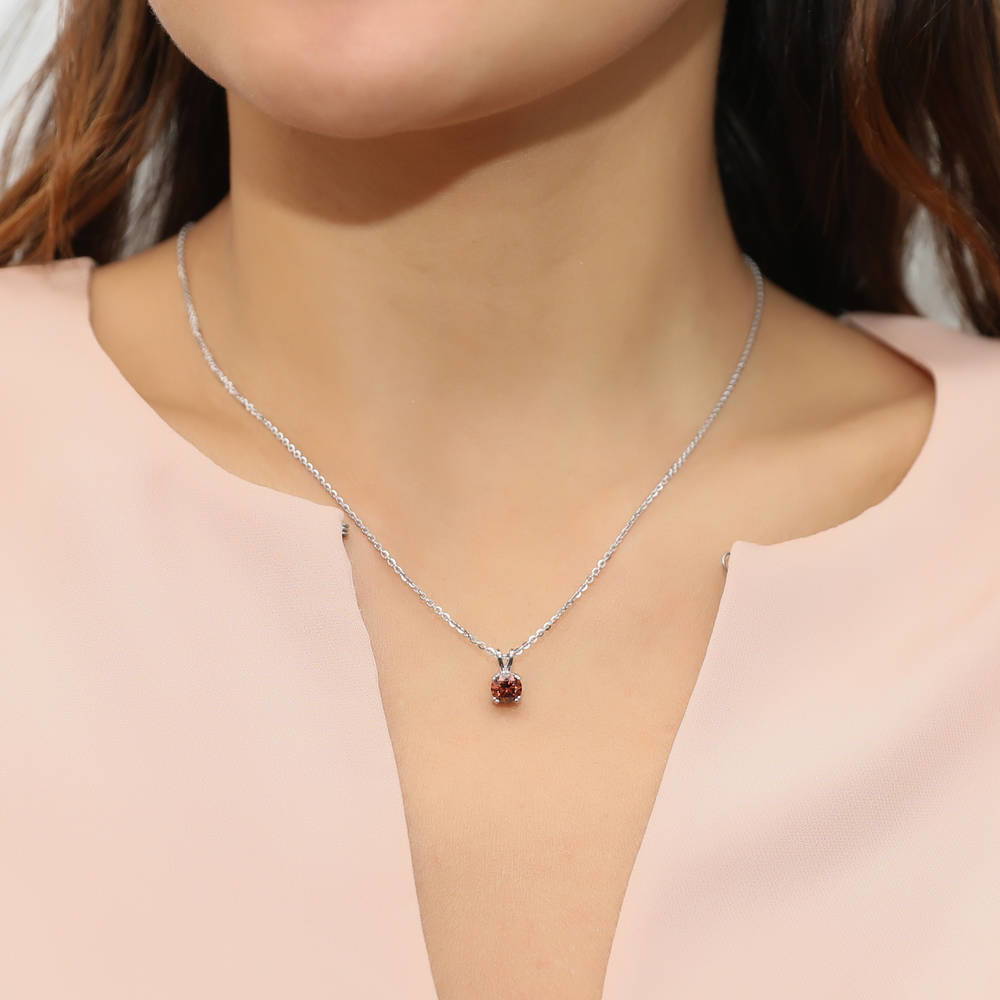Model wearing Solitaire Caramel Round CZ Pendant Necklace in Sterling Silver 0.8ct