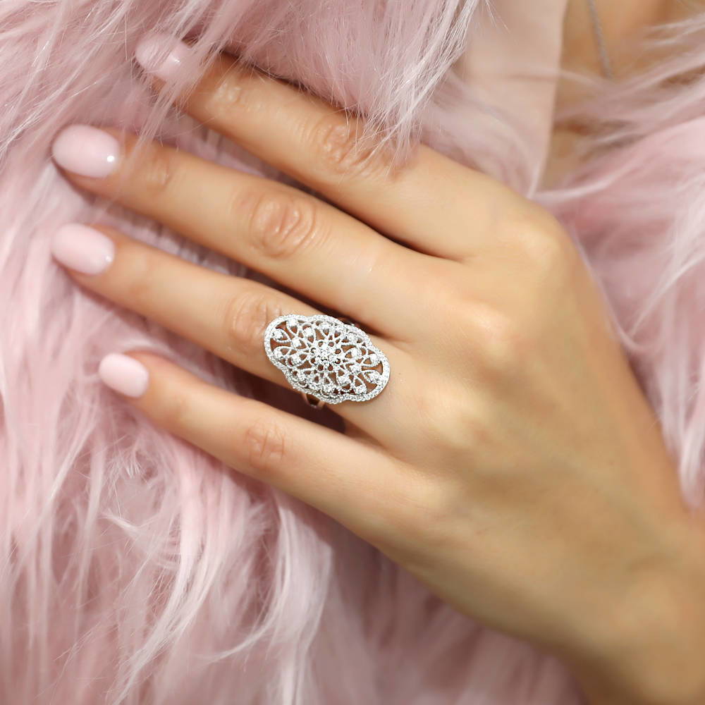 Model wearing Flower Navette CZ Statement Ring in Sterling Silver