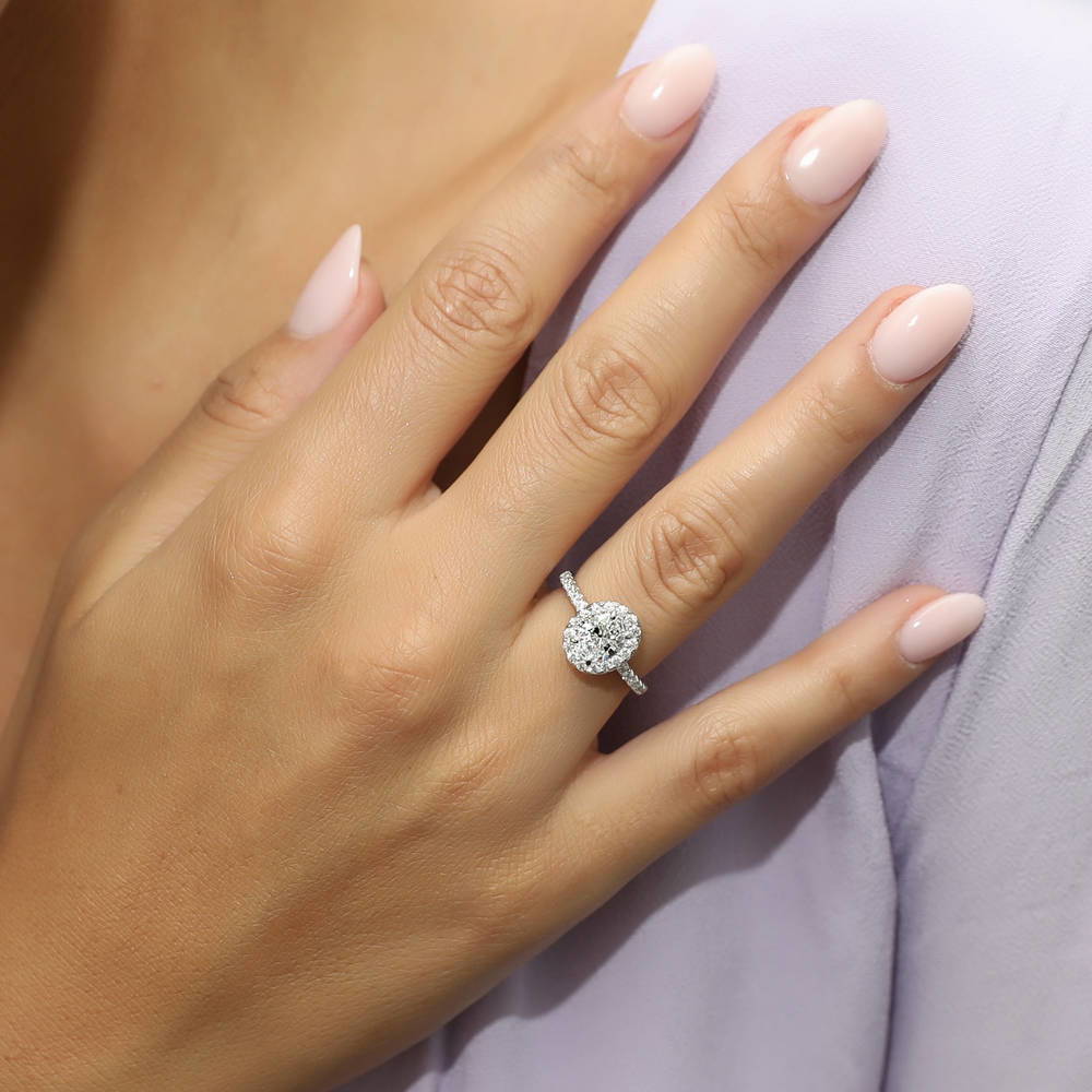 Model wearing Halo Oval CZ Ring Set in Sterling Silver, 9 of 16