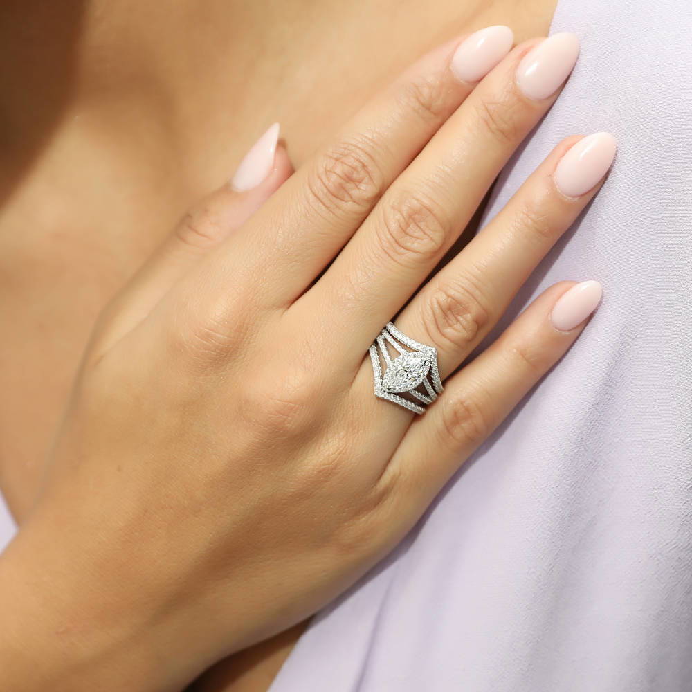 Halo Marquise CZ Split Shank Ring in Sterling Silver