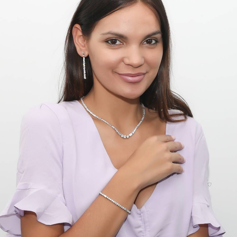 Model wearing Graduated Baguette CZ Tennis Necklace in Sterling Silver, 2 Piece