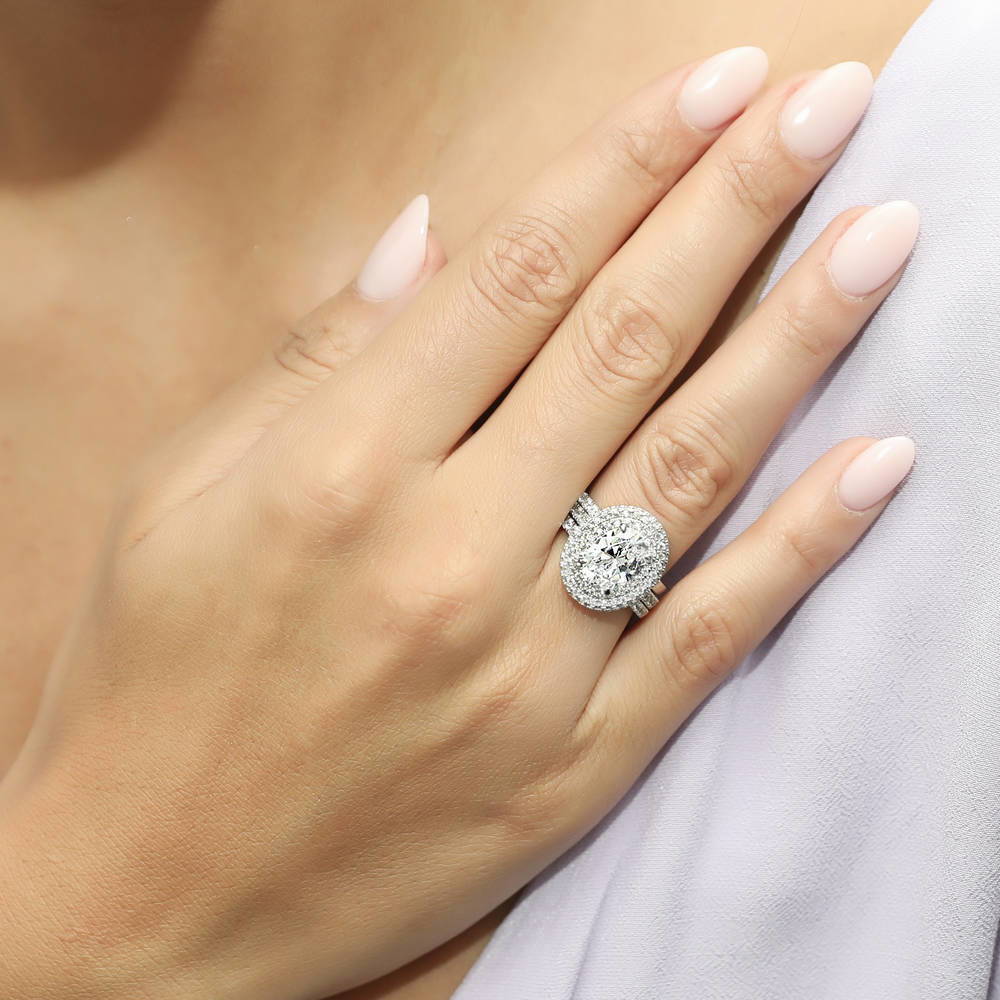 Halo Oval CZ Ring Set in Sterling Silver