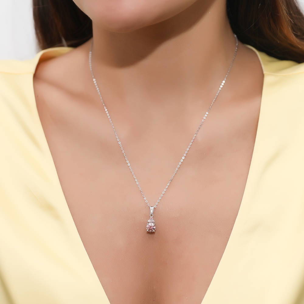 Solitaire 1ct Morganite Color Round CZ Necklace in Sterling Silver