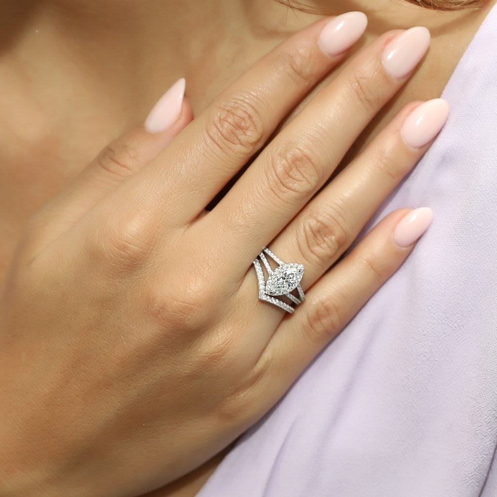 Model wearing Halo Marquise CZ Split Shank Ring Set in Sterling Silver