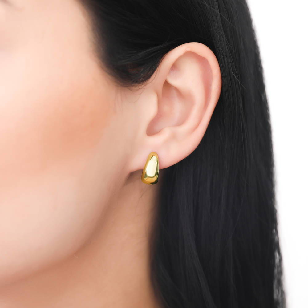 Model wearing Dome Hoop Earrings in Gold Flashed Sterling Silver, 2 Pairs, 12 of 18