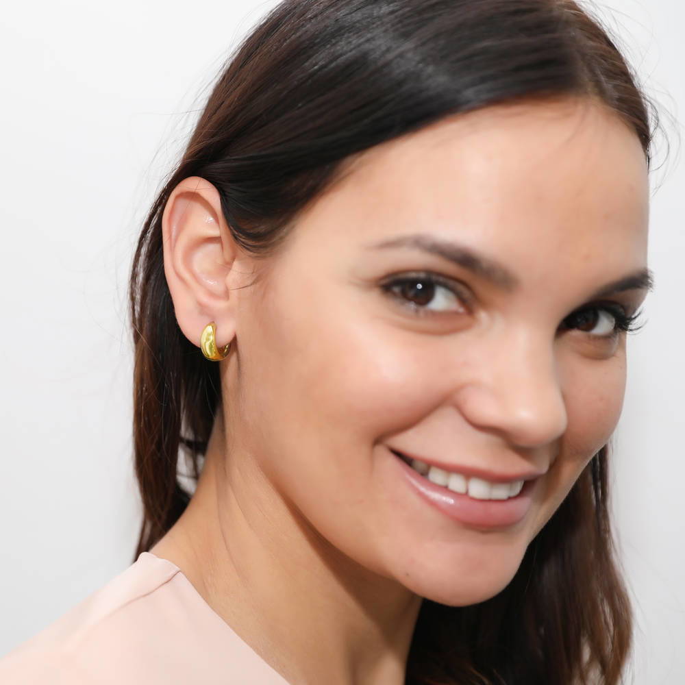 Model wearing Dome Hoop Earrings in Gold Flashed Sterling Silver, 2 Pairs, 9 of 18
