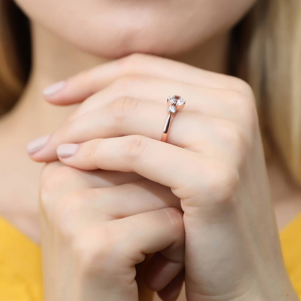 Model wearing 3-Stone Octagon Sun CZ Ring in Rose Gold Plated Sterling Silver