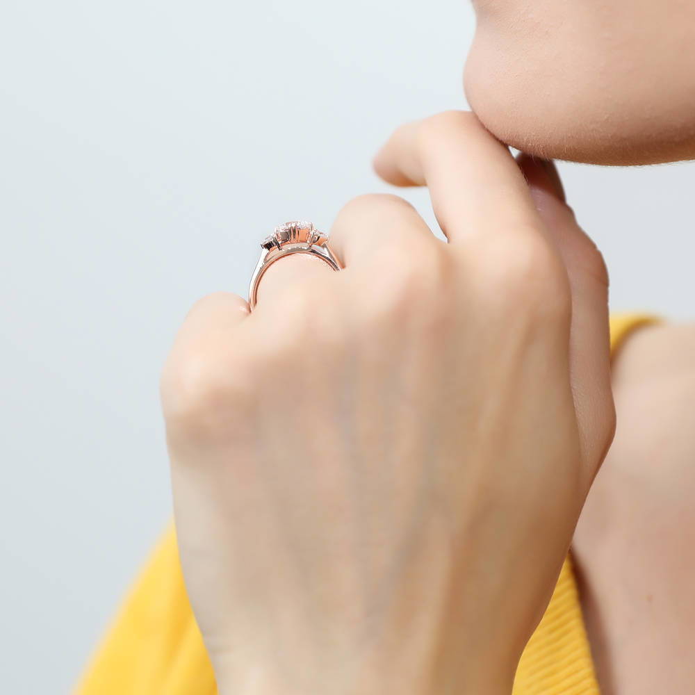 Model wearing 3-Stone Octagon Sun CZ Ring in Rose Gold Plated Sterling Silver