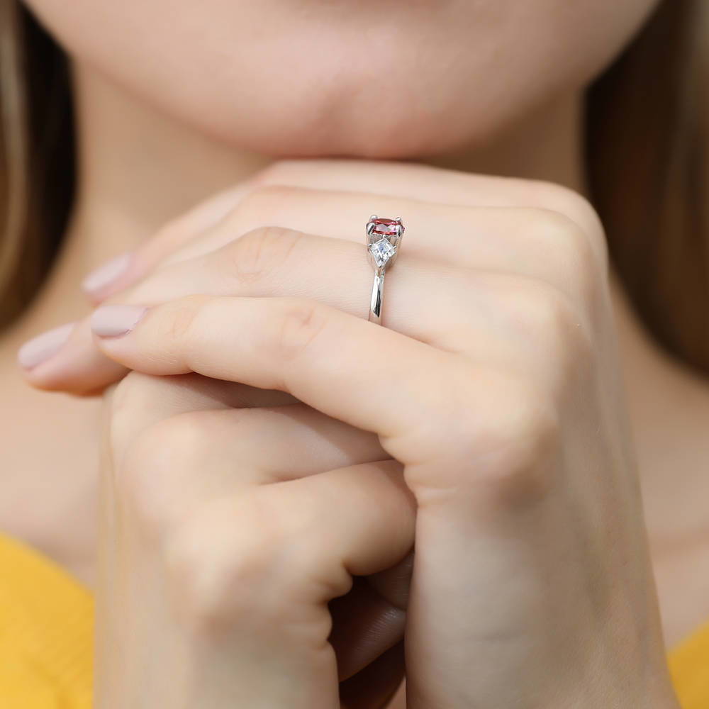 Model wearing 3-Stone Red Round CZ Ring in Sterling Silver, 6 of 8