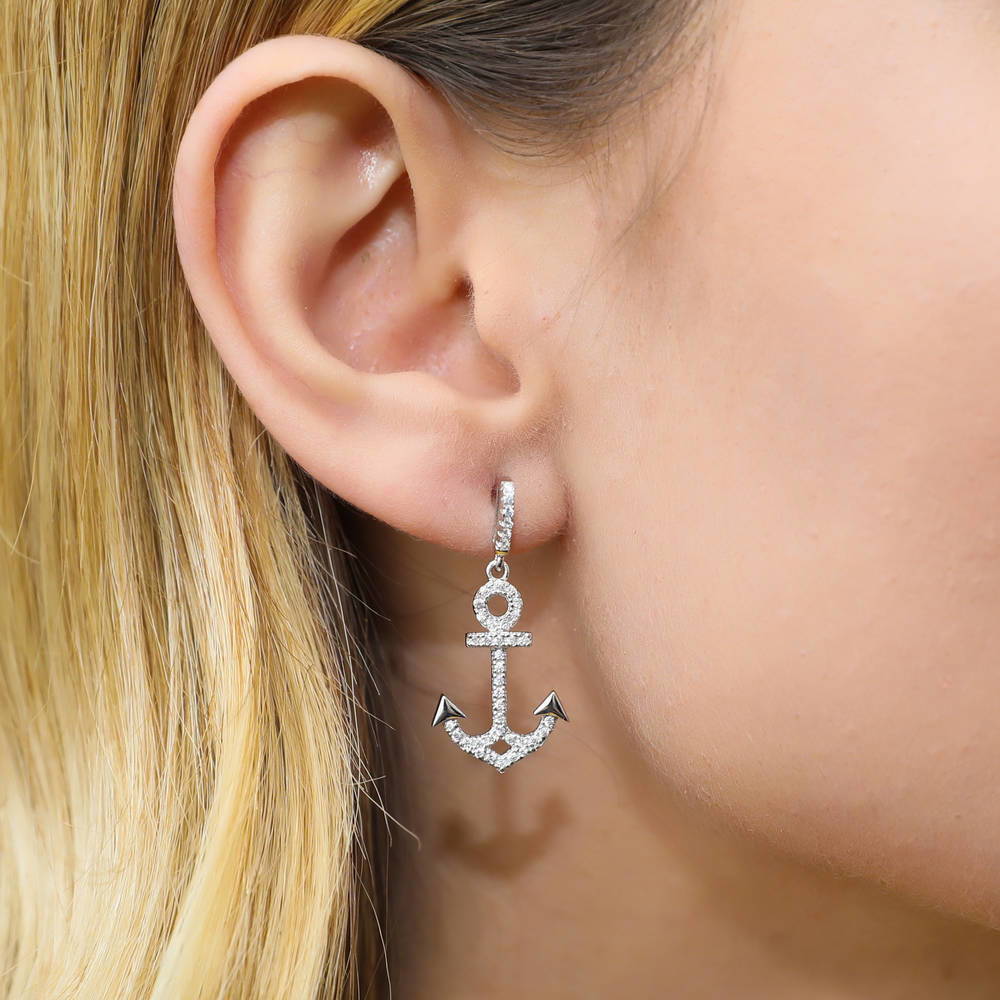 Model wearing Anchor CZ Dangle Earrings in Sterling Silver