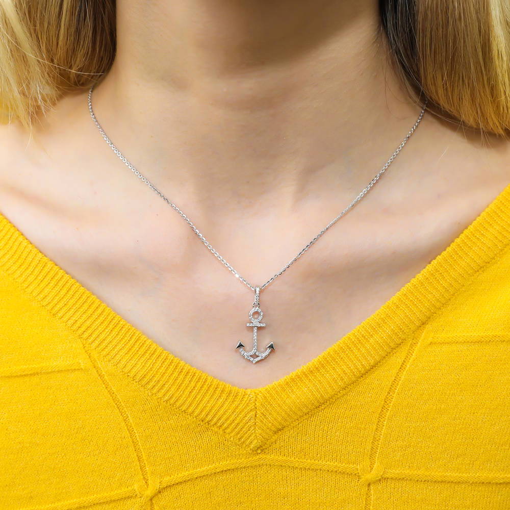 Model wearing Anchor CZ Necklace and Earrings Set in Sterling Silver