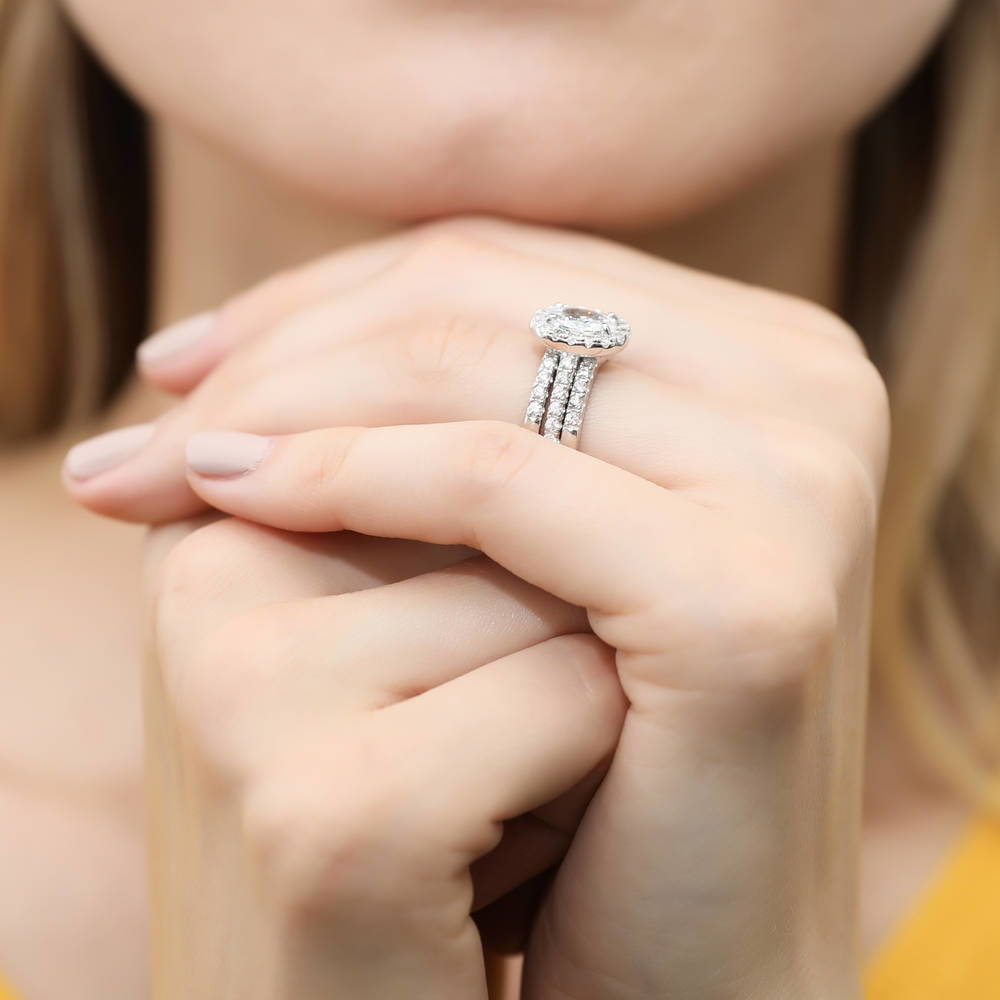 Model wearing Halo Oval CZ Ring Set in Sterling Silver